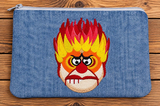 Fire Temper Embroidered Denim Pouch | Angry Holiday Character Inspired Zipper Bag | Retro Christmas Villain Vibes | Handmade Gift