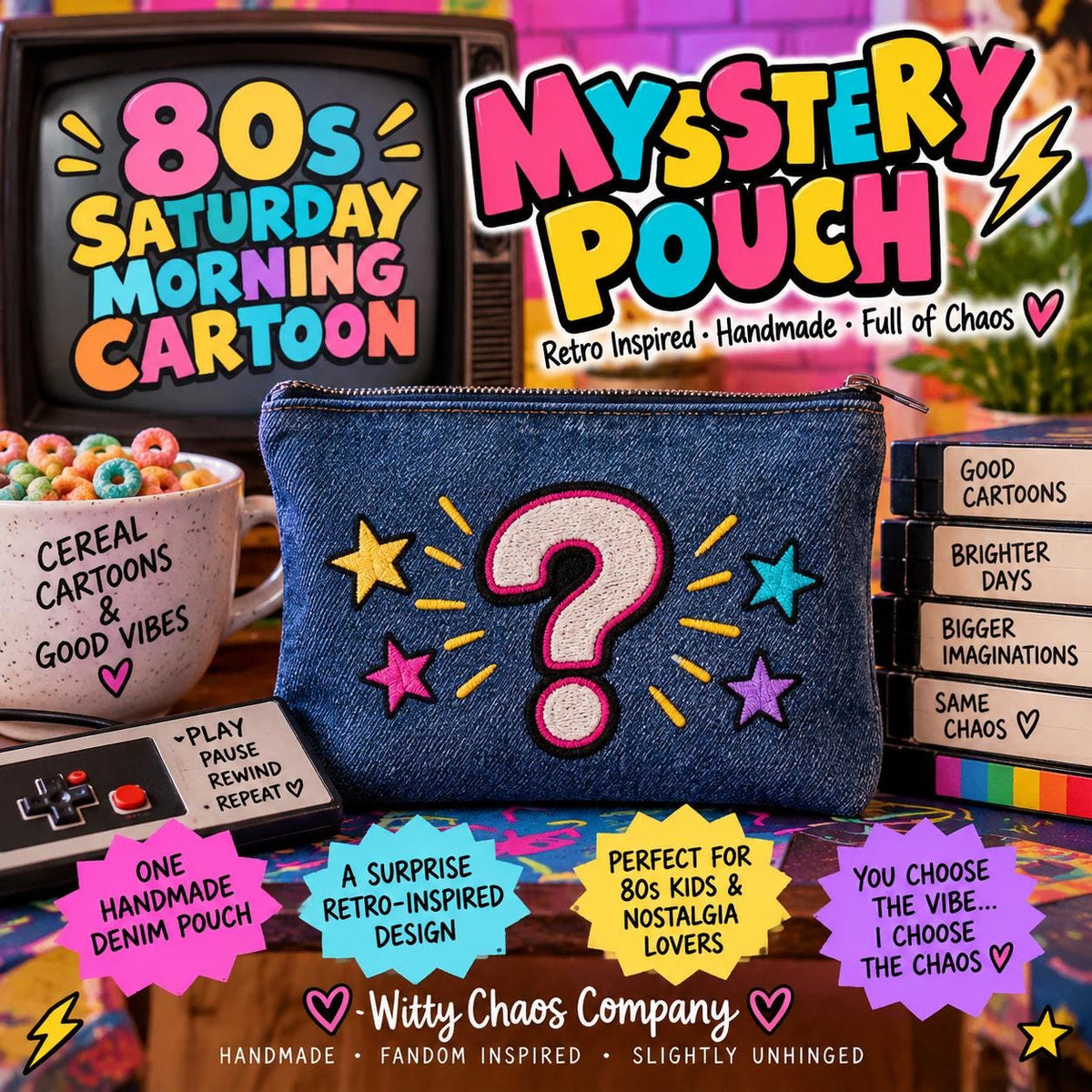 80s Saturday Morning Cartoon Mystery Pouch: Handmade Embroidered Denim Bag (Surprise Design)