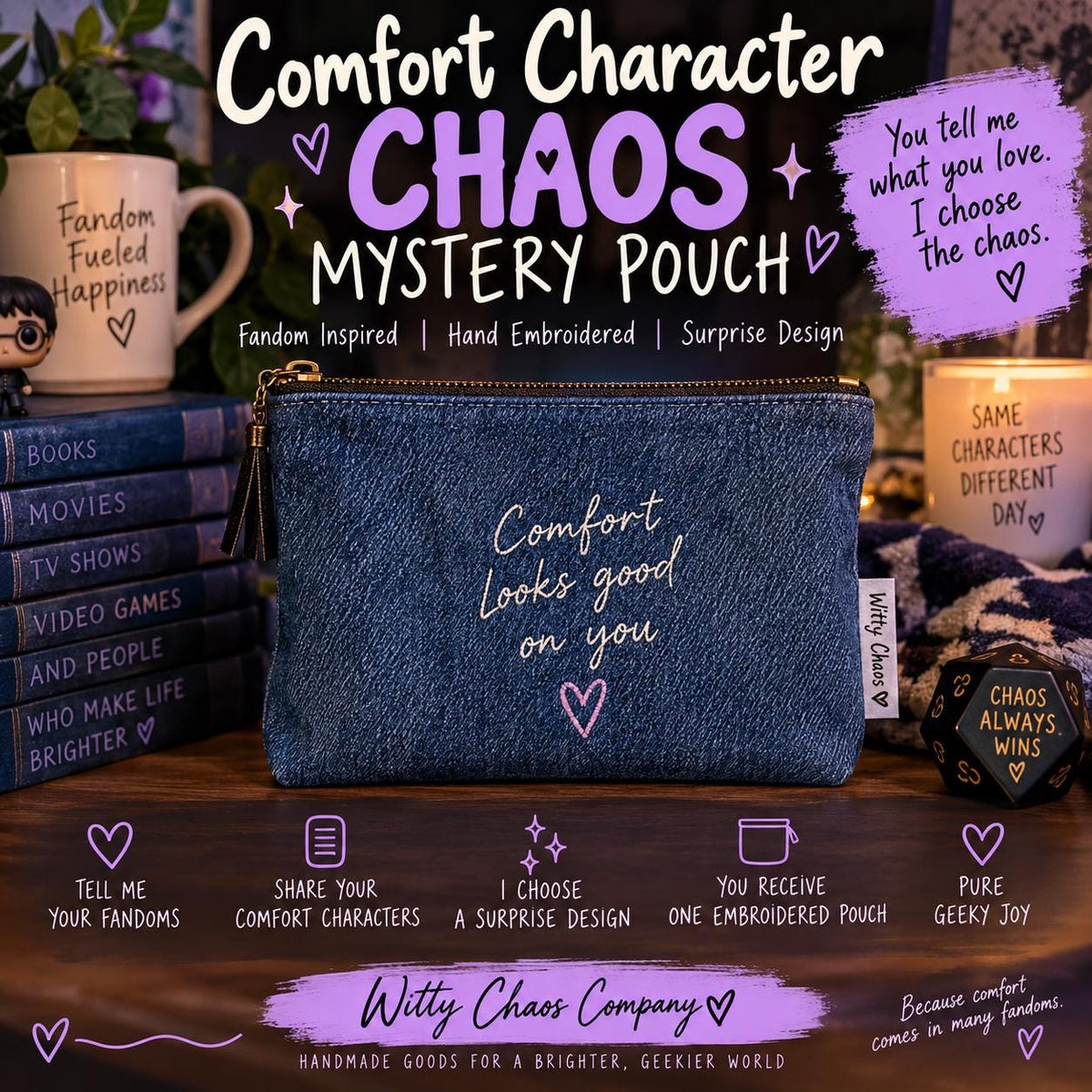 Handmade Embroidered Denim Mystery Pouch | Fandom Inspired Zipper Bag (Surprise Design)