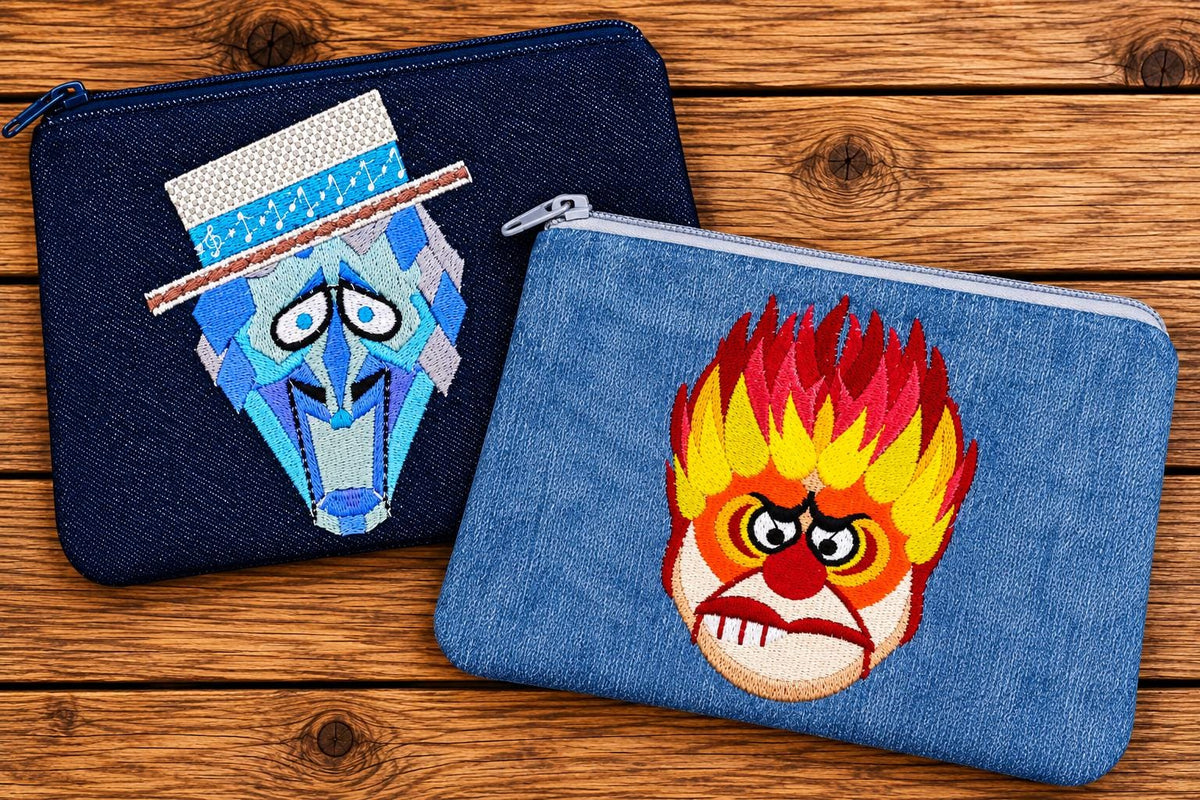 Fire/Ice Embroidered Denim Pouch Set | Handmade Zipper Bags | Winter & Summer Character Inspired | Holiday Nostalgia Gift