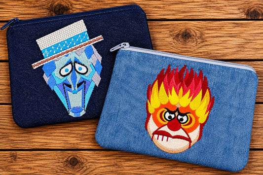Fire/Ice Embroidered Denim Pouch Set | Handmade Zipper Bags | Winter & Summer Character Inspired | Holiday Nostalgia Gift