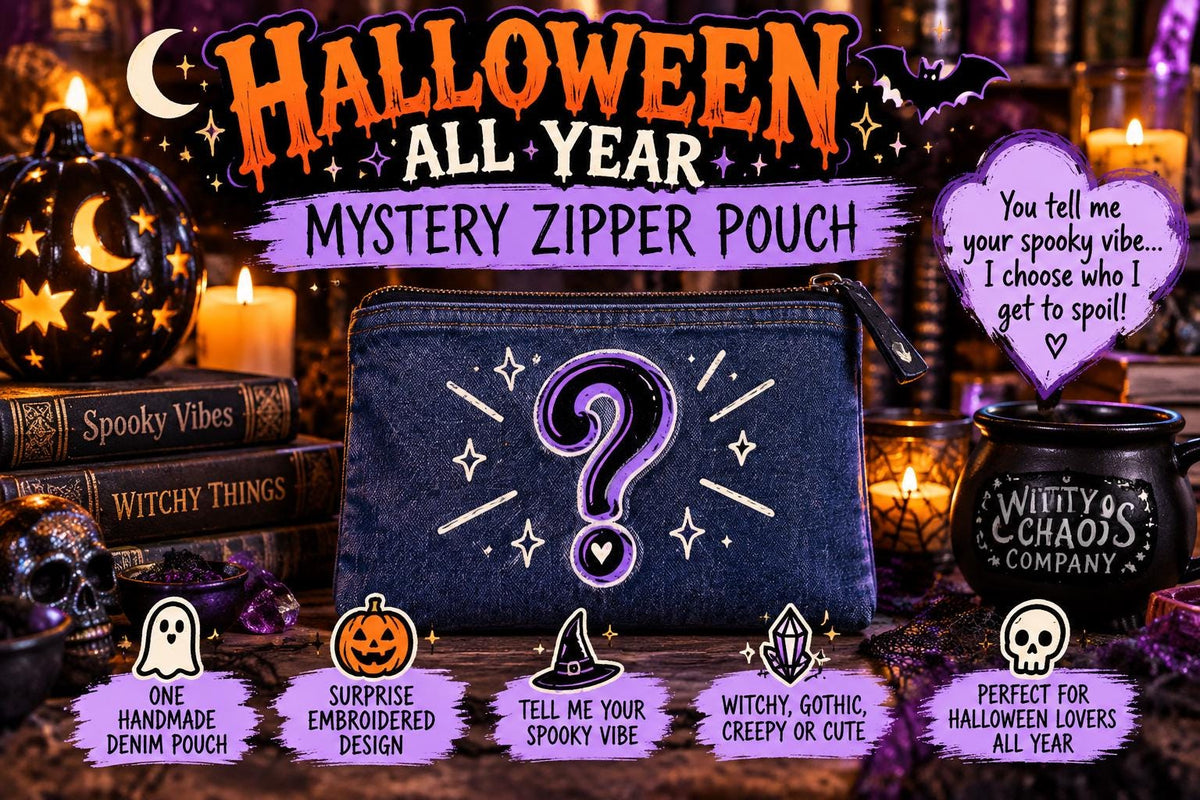 Halloween Mystery Zipper Pouch | Handmade Spooky Witchy Gothic Denim Bag | Surprise Horror Accessory