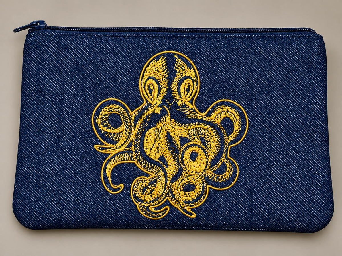 Embroidered Octopus Denim Pouch | Mermaid Scale Vinyl Accent, Nautical Accessory