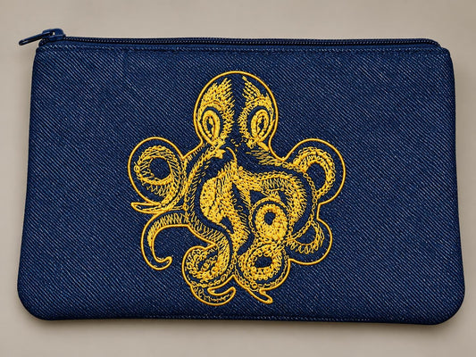 Embroidered Octopus Denim Pouch | Mermaid Scale Vinyl Accent, Nautical Accessory