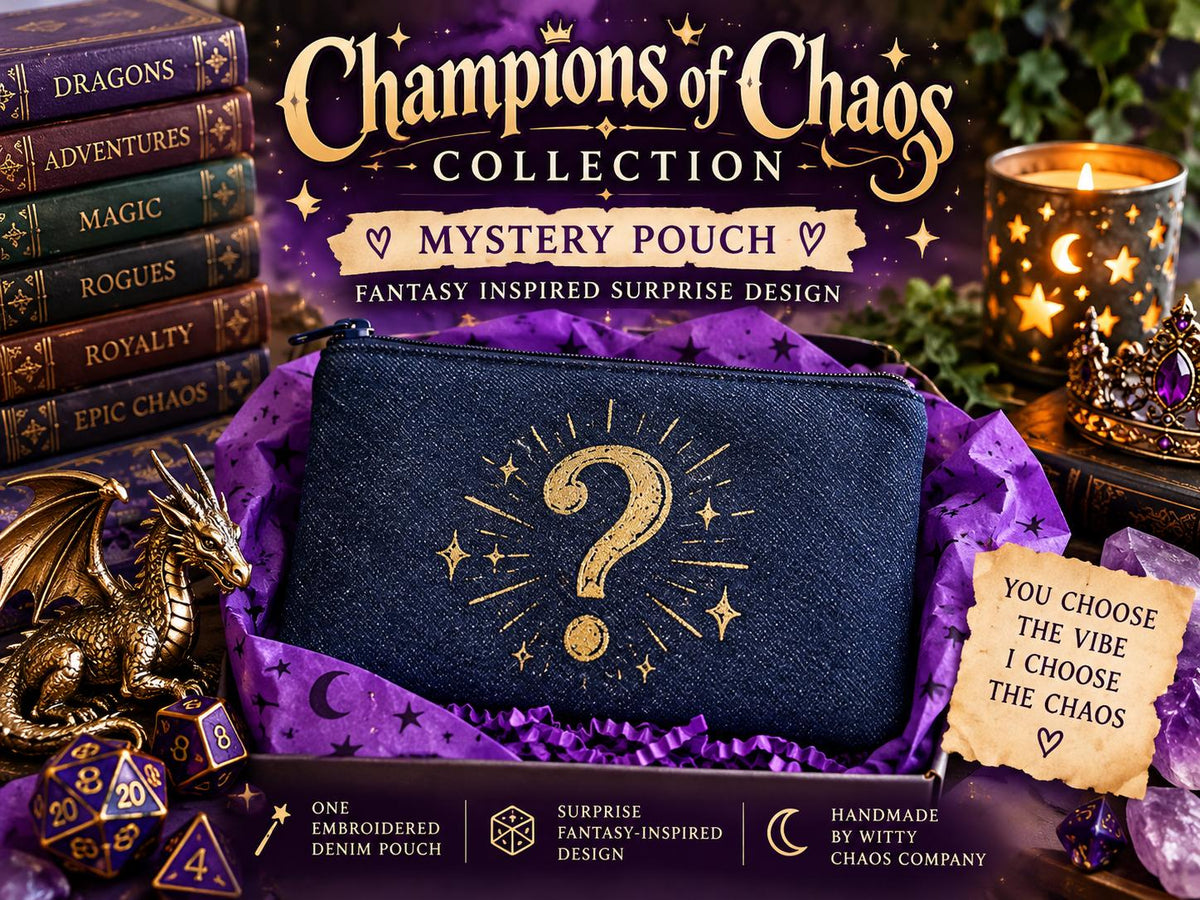 Fantasy Mystery Pouch | Champions of Chaos Embroidered Denim Bag | Magical Character Inspired Surprise Gift