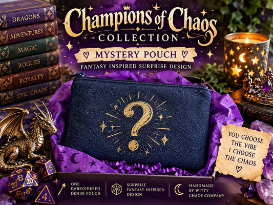 Fantasy Mystery Pouch | Champions of Chaos Embroidered Denim Bag | Magical Character Inspired Surprise Gift