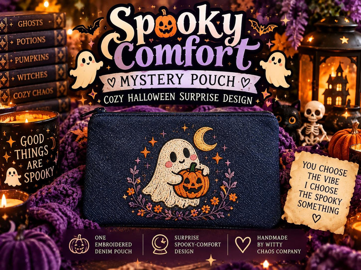 Spooky Comfort Mystery Pouch | Cozy Halloween Embroidered Denim Bag | Cute Ghost & Spooky Surprise Gift