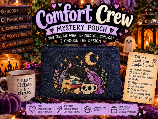 Comfort Crew Mystery Pouch | Personalized Embroidered Denim Bag | Choose Your Comfort Theme | Surprise Gift