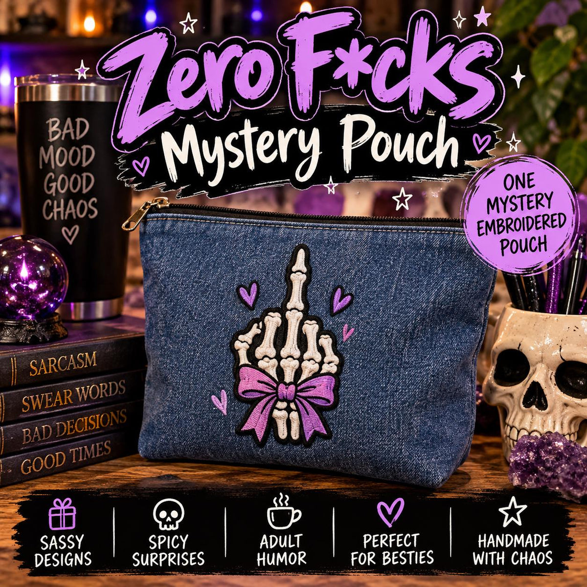 Zero F*cks Embroidered Denim Pouch | Sarcastic Adult Gift (Mystery Design)