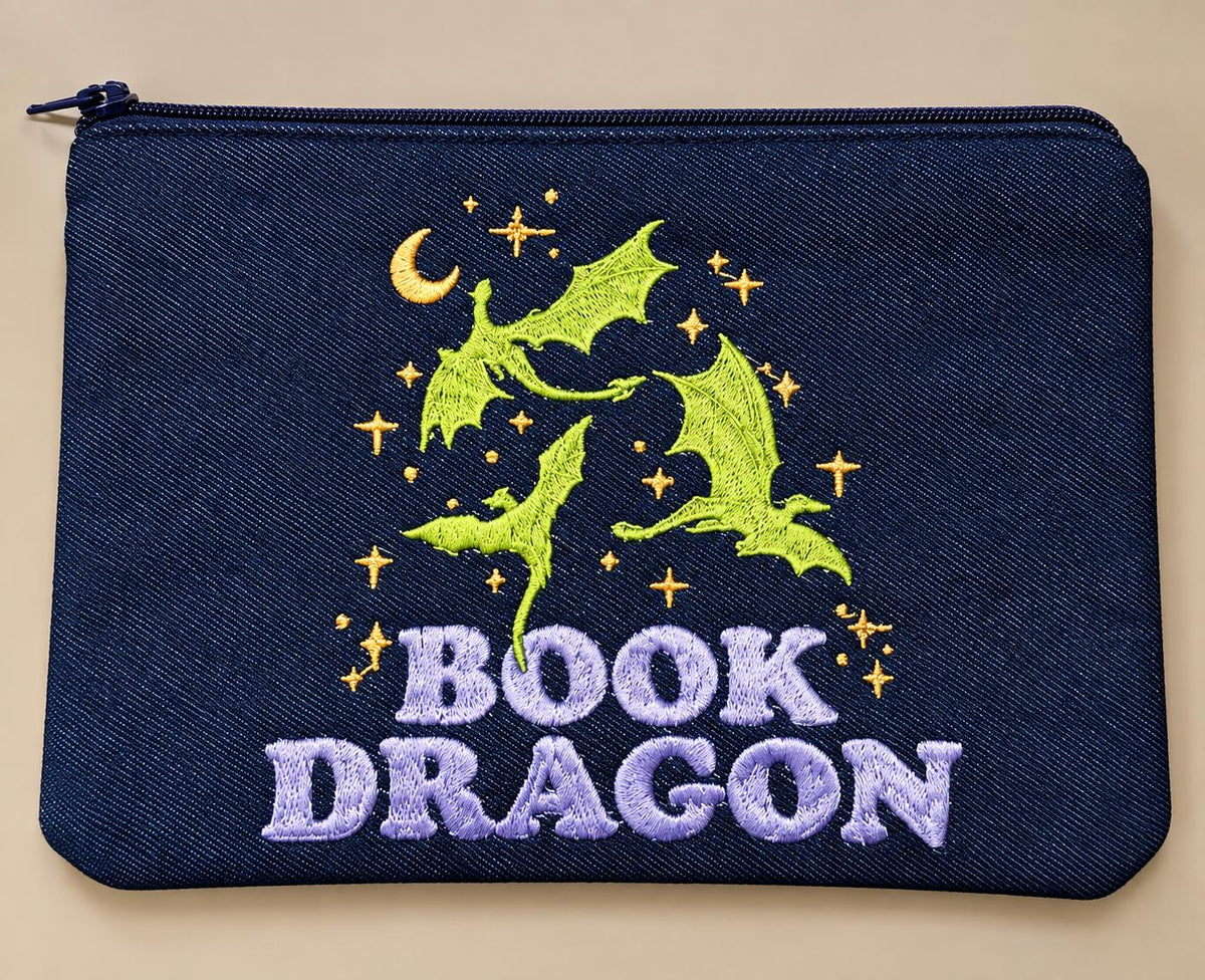 Handmade Embroidered Denim Zipper Pouch | Book Dragon Fantasy Reader Gift