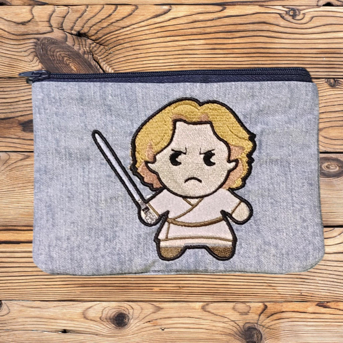 Chibi Space Hero Embroidered Denim Pouch | Handmade Fantasy Zipper Bag