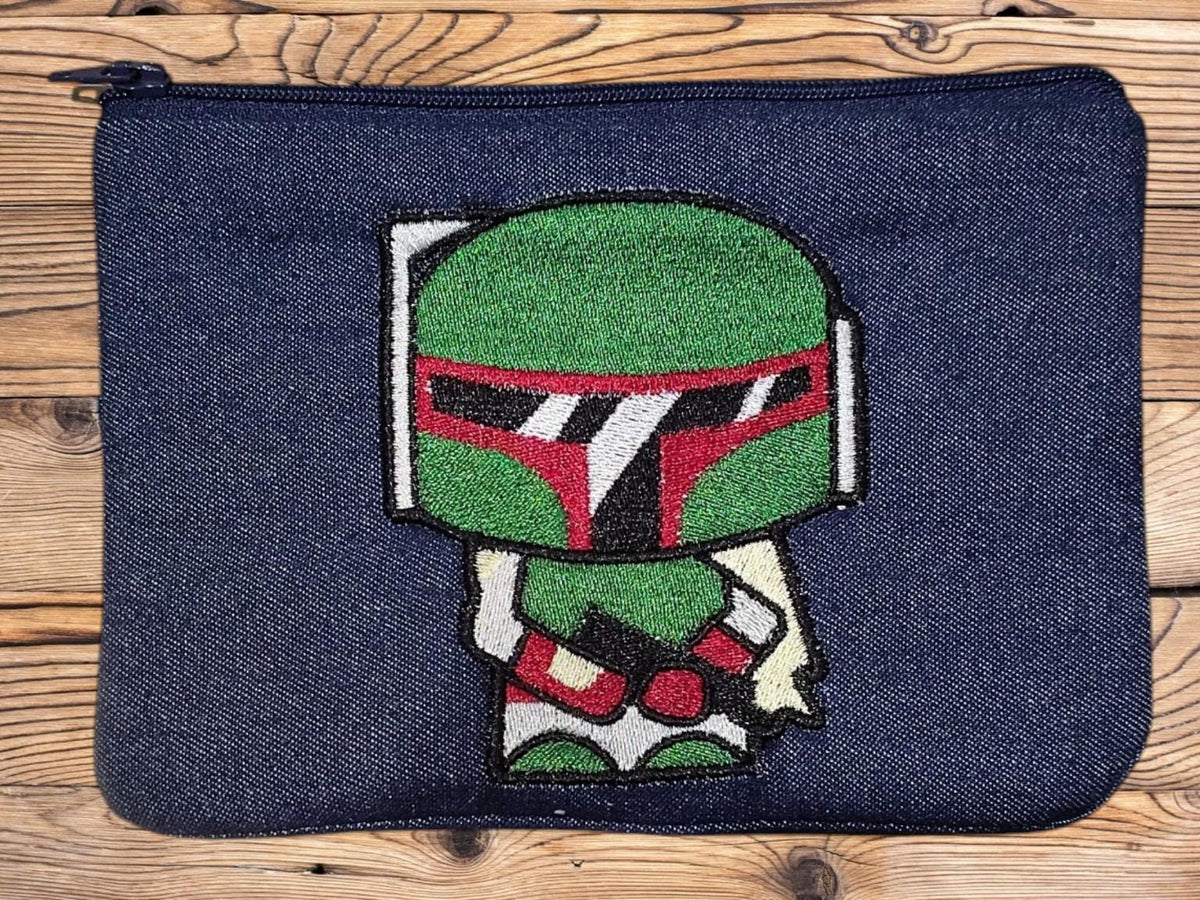 Boba Fett Embroidered Denim Zipper Pouch | Star Wars Bounty Hunter Inspired Bag | Sci Fi Gift | Galactic Accessory Pouch