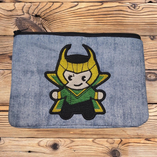 Mischief God Embroidered Denim Pouch | Green & Gold Trickster Zipper Bag | Norse Mythology Inspired Gift | Handmade Accessory